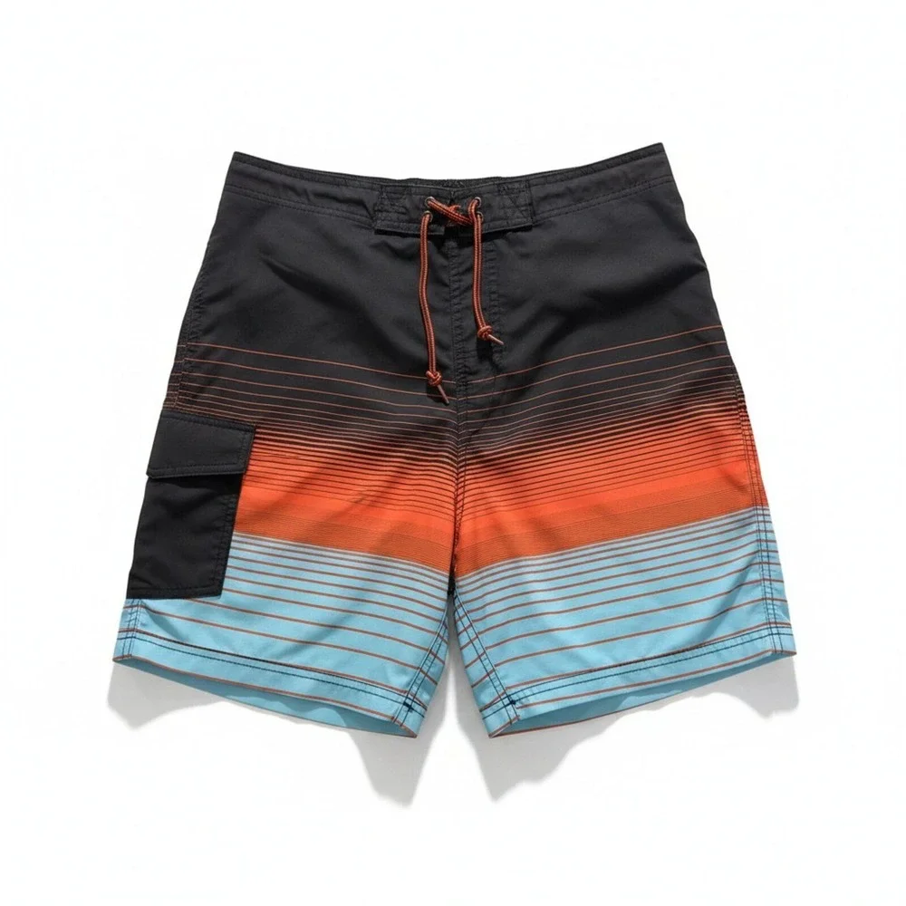 George M Black Orange Blue Ombre Striped Board‎ Shorts Mens Casual Festival